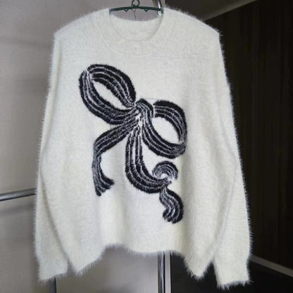 Damen Pullover Kuschelig Schleifenmuster Grau