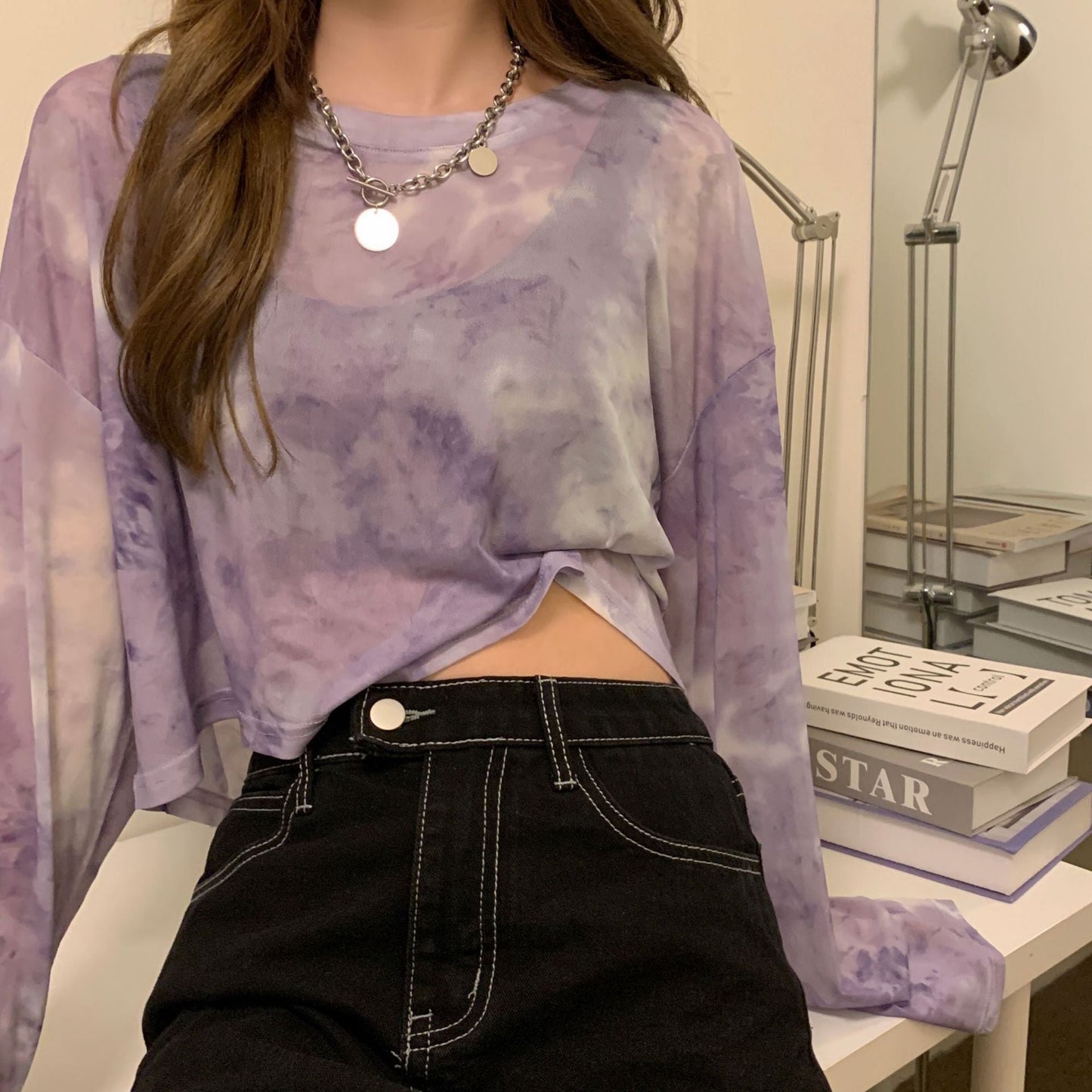 Damen Cropped Sweatshirt Batikdesign Weite Ärmel Rundhals