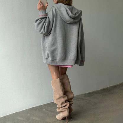 Damen Hoodie Oversized mit Fransen Bequem Grau Eveloria