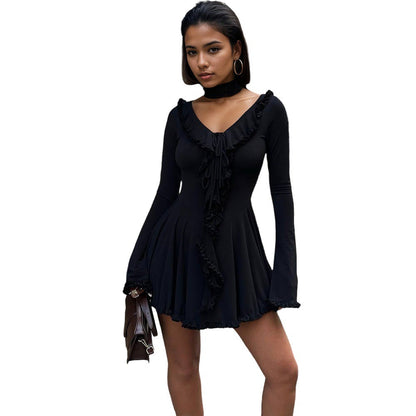 Damen Minikleid Rüschendetails V-Ausschnitt Eveloria