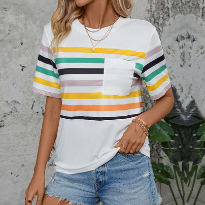 Damen T-Shirt Kurzarm Streifenmuster mit Brusttasche Bunt