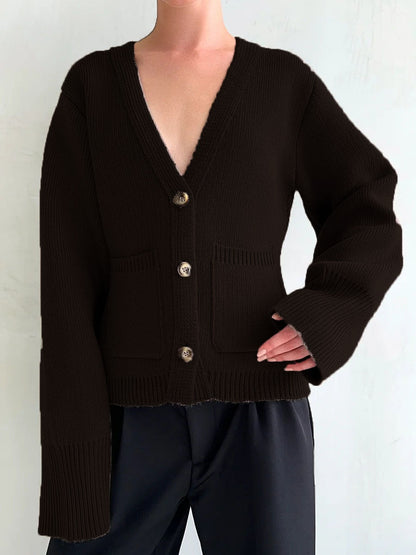 Damen Strickjacke V-Ausschnitt Große Taschen Eveloria