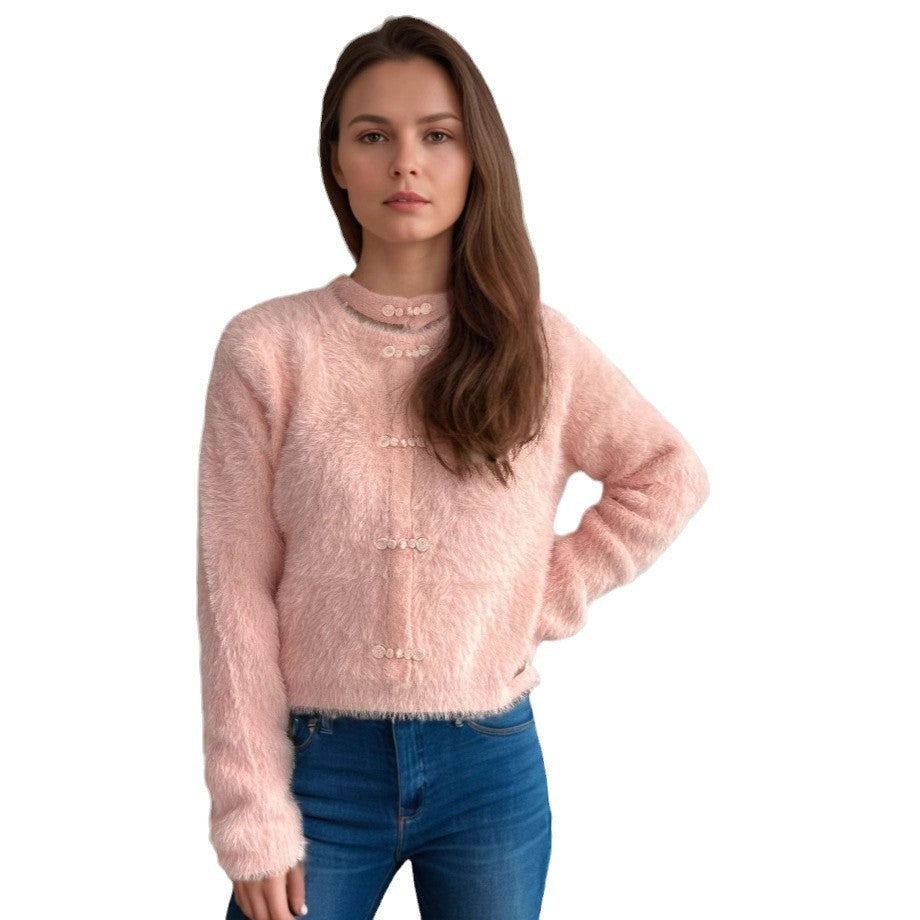 Damen Pullover Hochgeschlossen Kuschelig Dekorative Knöpfe Beige