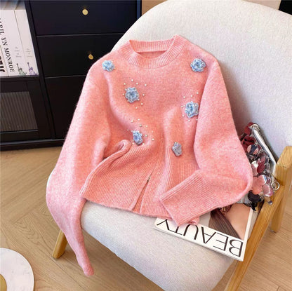 Damen Pullover mit Floralmuster und Applikationen