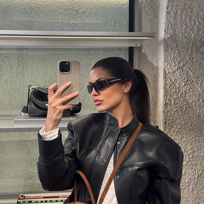 Damen Kunstlederjacke Stehkragen Strukturiert Eveloria