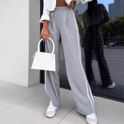 Damen Freizeithose Weite mit Streifen und Bindegürtel Schwarz - Eveloria