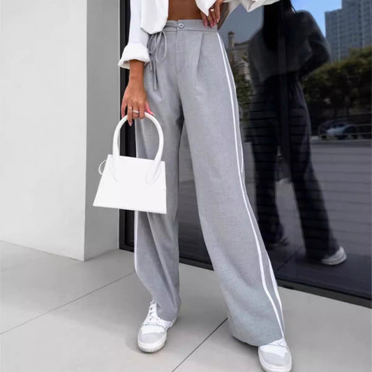 Damen Freizeithose Weite mit Streifen und Bindegürtel Schwarz - Eveloria