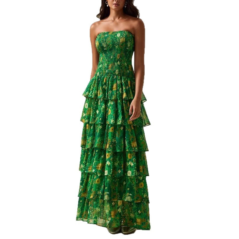 Damen Maxikleid Langärmlig Voluminöse Rüschen Florales Design