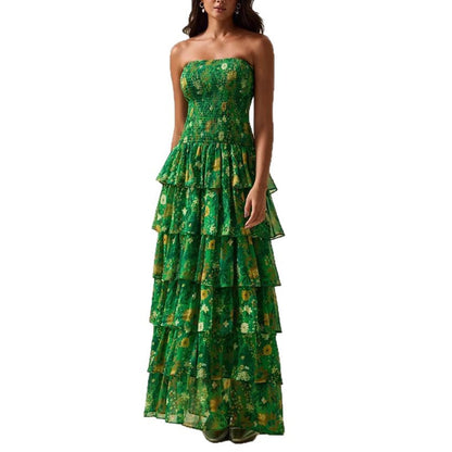 Damen Maxikleid Langärmlig Voluminöse Rüschen Florales Design