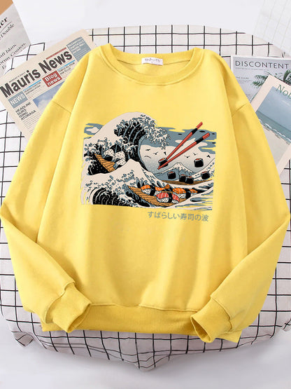 Damen Sweatshirt Wellen-Design Baumwolle Gemütlich Grau