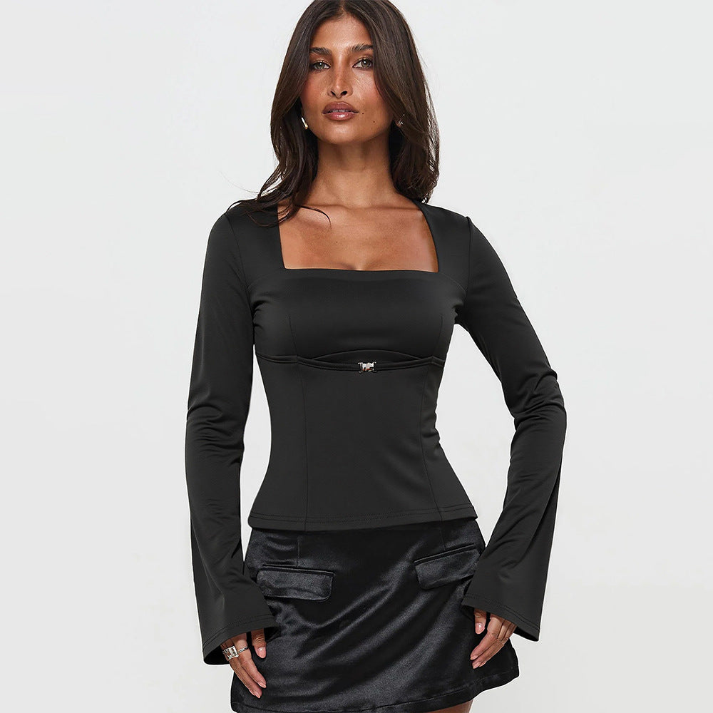 Damen Langarmoberteil Rechteckiger Ausschnitt Rüschen Elegant - Eveloria