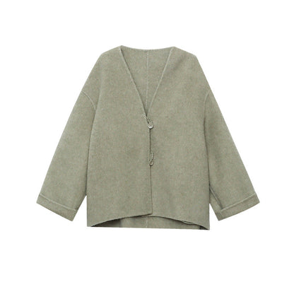 Damen Wolljacke Lässig Doppelter Knopfverschluss Beige
