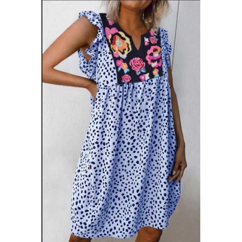 Damen Midikleid Rüschendetails Florales Stickdesign