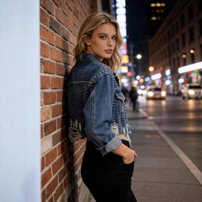 Damen Jeansjacke Lässig Verziert Blau Eveloria