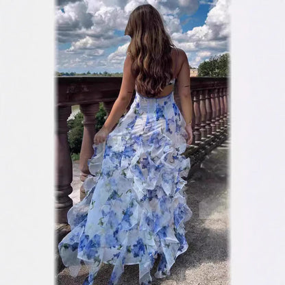 Damen Maxikleid Chiffon Fließend Rüschendetails Blumenmuster