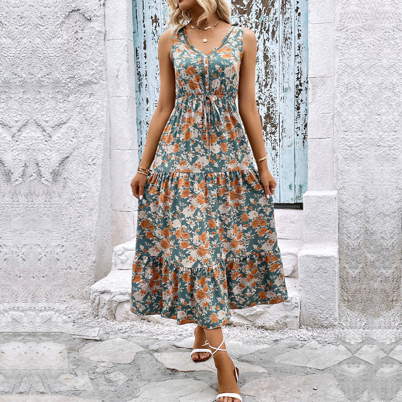 Damen Maxikleid Elastisch Floralmuster Rüschendetails