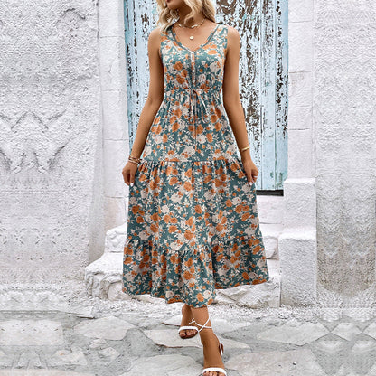 Damen Maxikleid Elastisch Floralmuster Rüschendetails