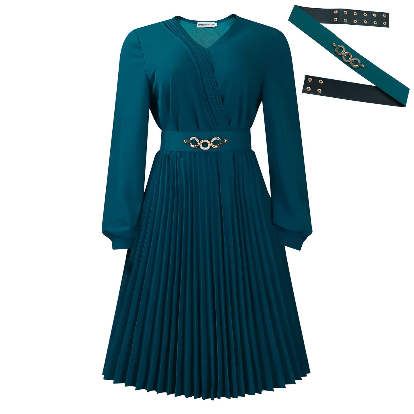 Damen Plissee-Kleid mit Taillengürtel V-Ausschnitt Eveloria