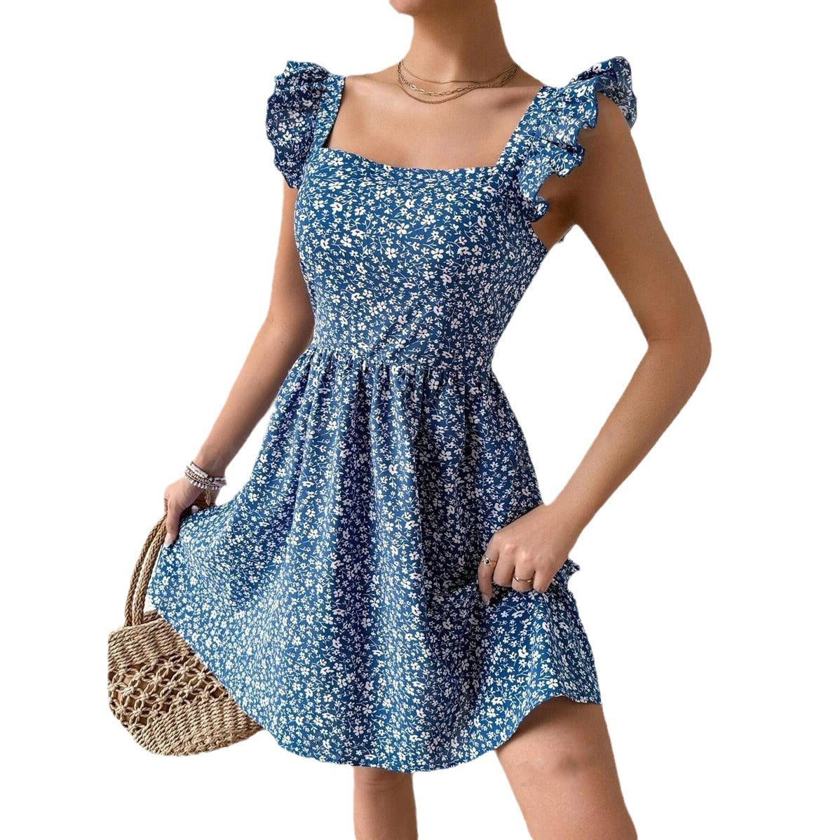 Damen Sommerkleid Rüschendetails Quadrat-Ausschnitt Eveloria