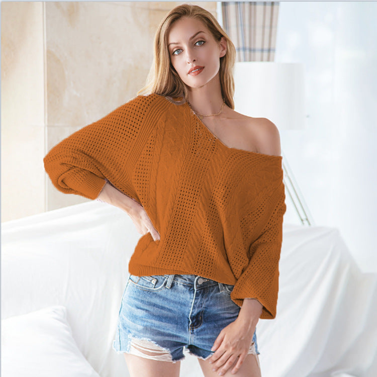 Damen Off-Shoulder Pullover Grobstrick Struktur Beige