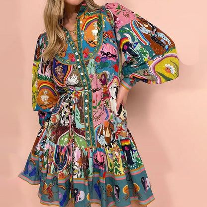 Damen Midikleid Tier- und Blumenmuster Weite Ärmel Bunt
