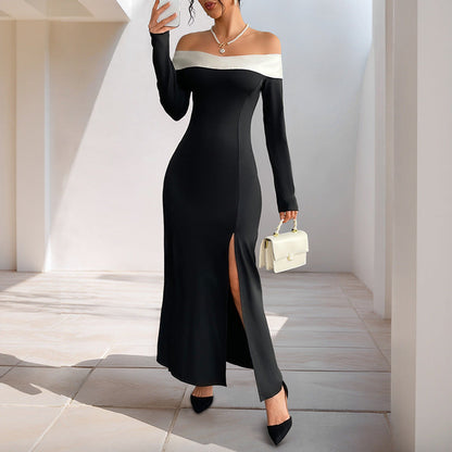 Damen Maxi-Kleid Off-Shoulder mit seitlichem Schlitz und langen Ärmeln