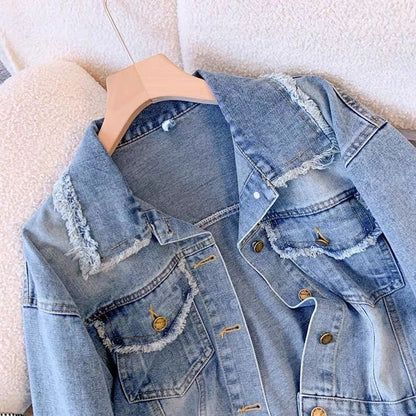 Damen Cropped Denimjacke Fransen Knöpfe Blau