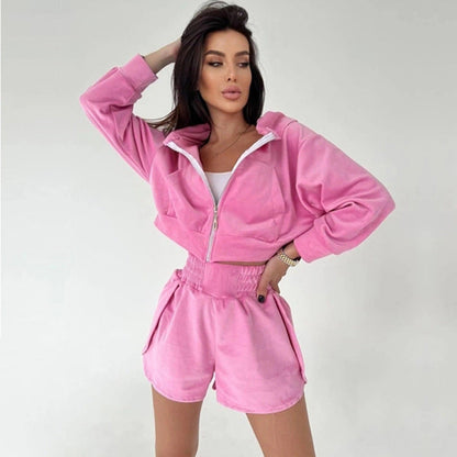 Damen Sportliches Zweiteiler-Set Kurzer Hoodie Bequeme Shorts Eveloria