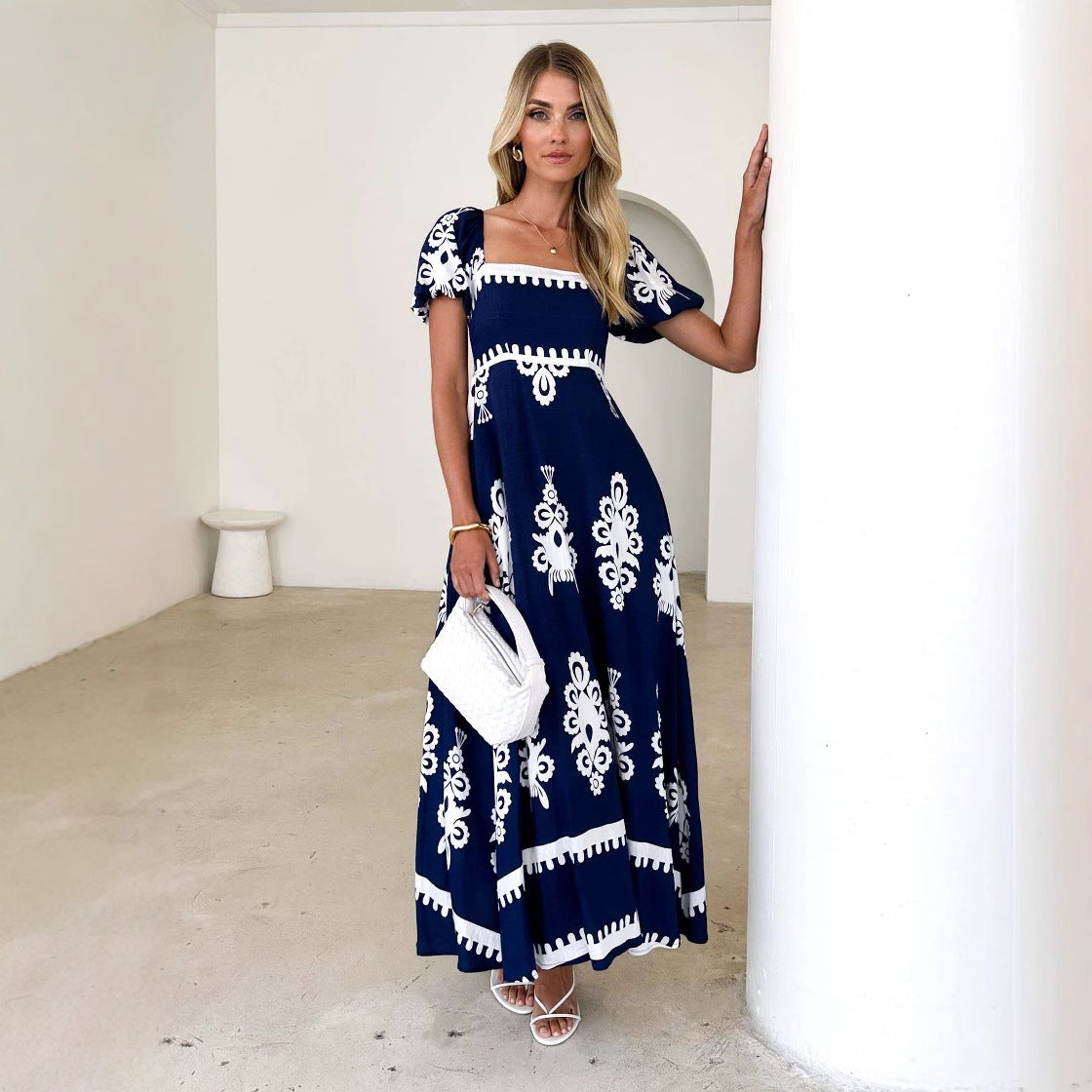 Damen Maxikleid Puffärmel Grafisches Muster Eveloria