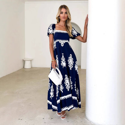 Damen Maxikleid Puffärmel Grafisches Muster Eveloria
