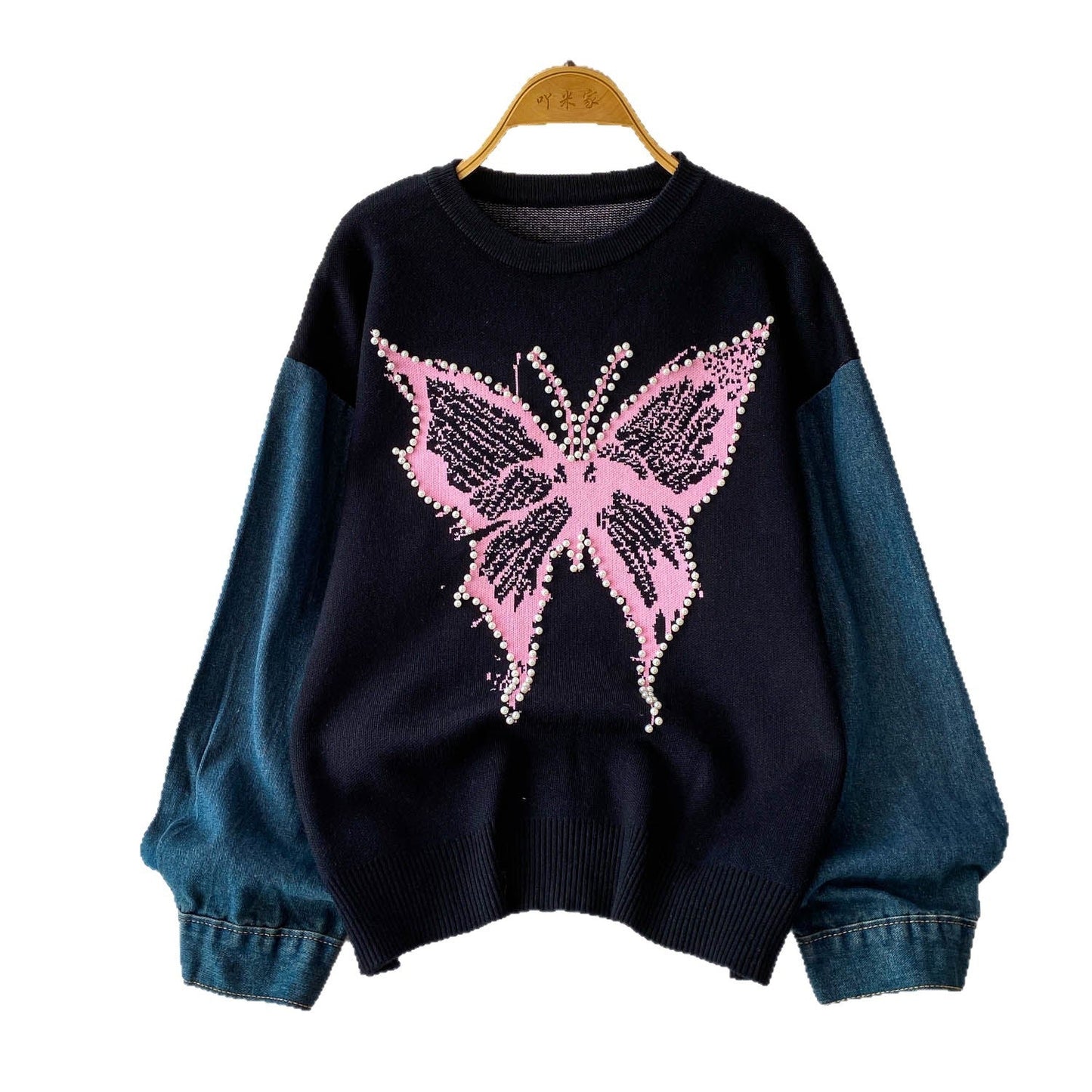 Damen Pullover Schmetterlingsmuster Denim Ärmel Blau