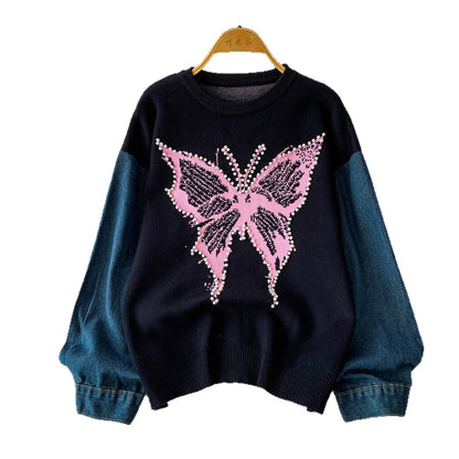 Damen Pullover Schmetterlingsmuster Denim Ärmel Blau
