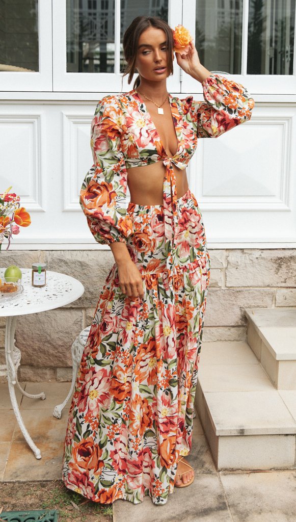 Damen Maxikleid Boho Chic mit Volant Puffärmeln