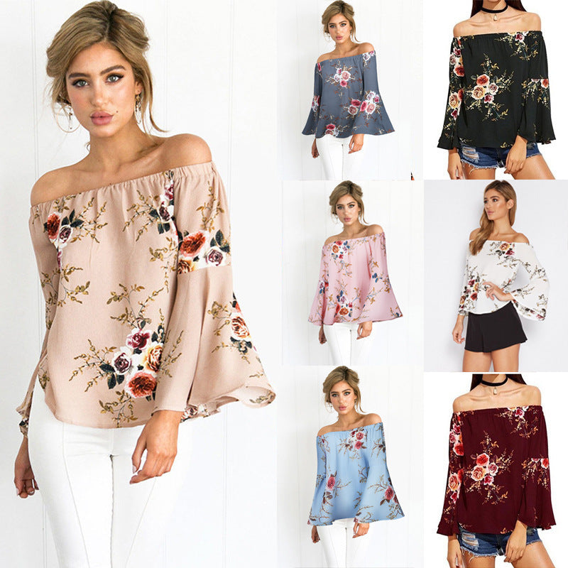 Damen Off-Shoulder Bluse Voluminöse Ärmel Florales Muster