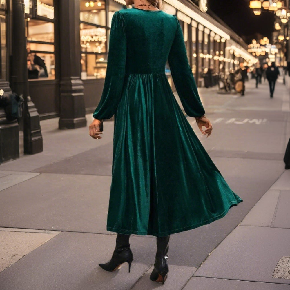 Damen Samt-Kleid Midi Wickeldesign V-Ausschnitt Eveloria