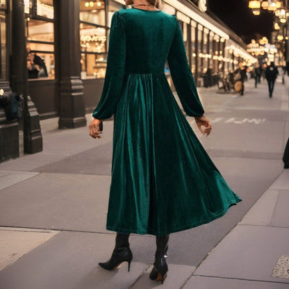 Damen Samt-Kleid Midi Wickeldesign V-Ausschnitt Eveloria