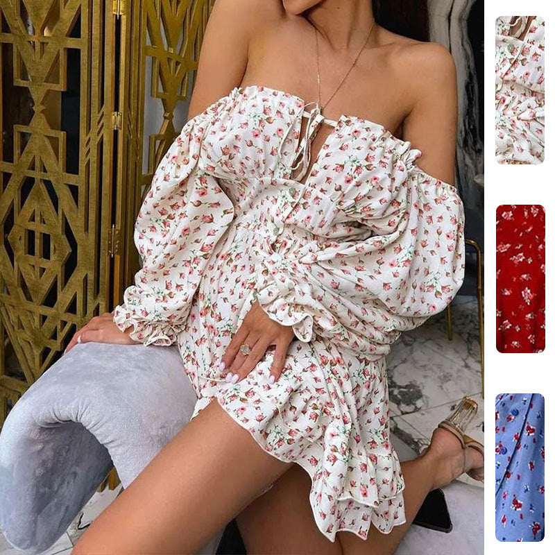 Damen Off-Shoulder Kleid Floralmuster Rüschendetails - Eveloria