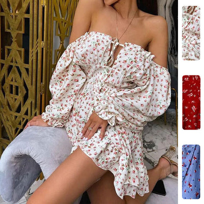 Damen Off-Shoulder Kleid Floralmuster Rüschendetails - Eveloria