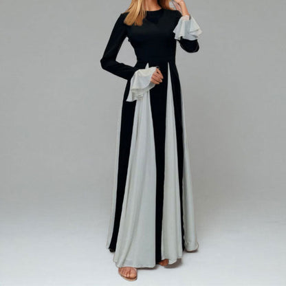 Damen Maxikleid mit Trompetenärmeln und Farbkontrast