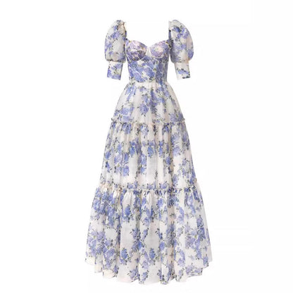 Damen Maxikleid Schulterfrei Rüschenärmel Floralmuster