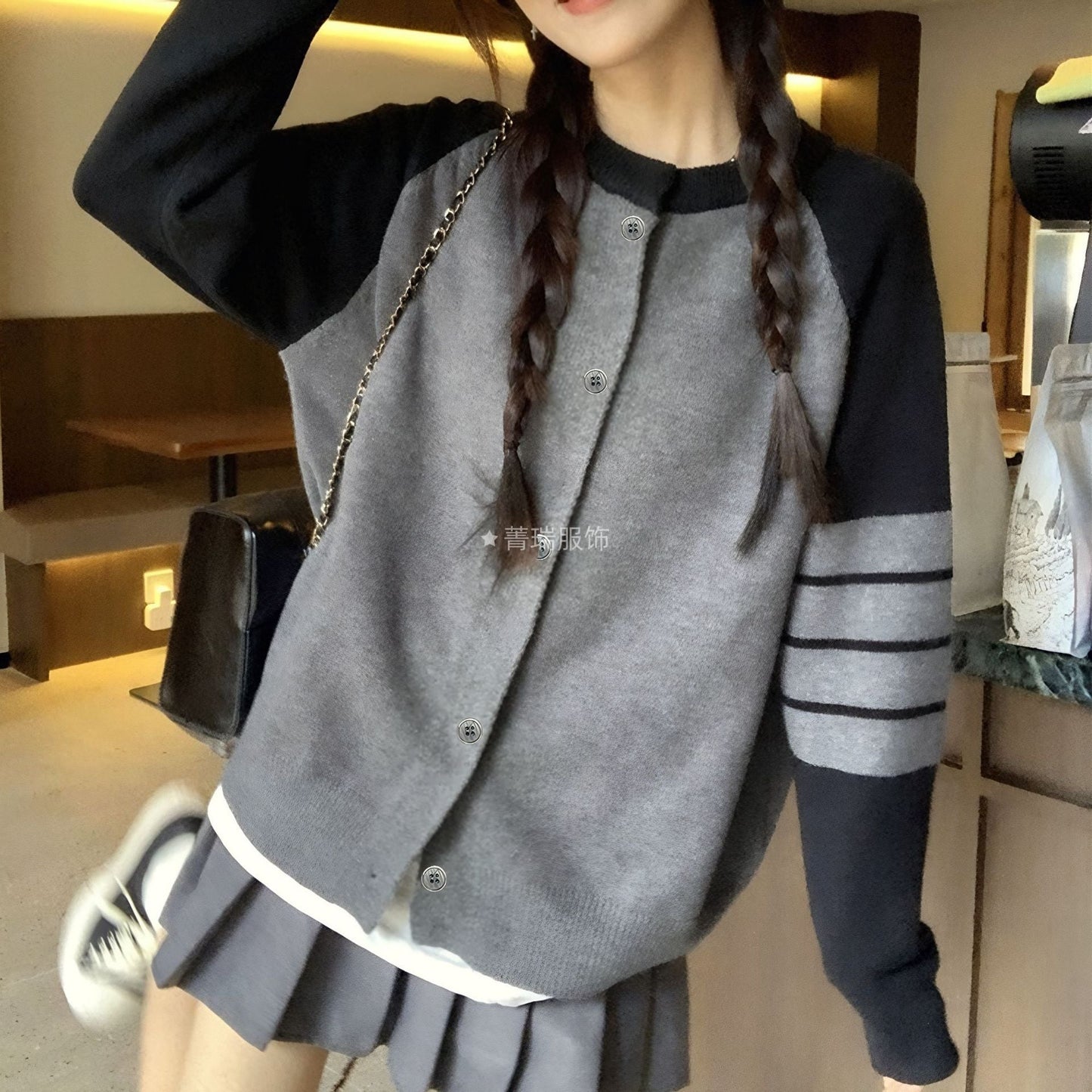 Damen Strickcardigan Bequem Knöpfe Sportstreifen Anthrazit
