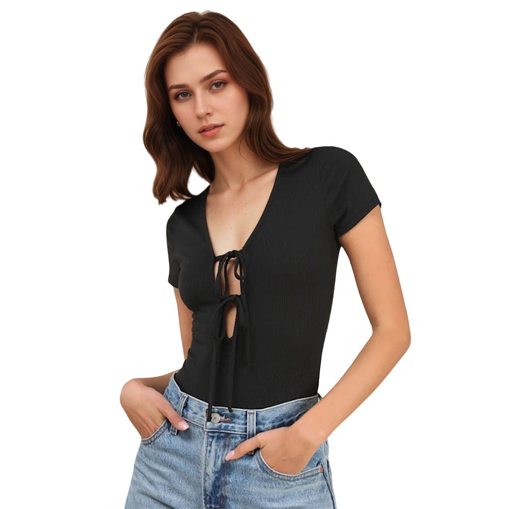Damen Bodysuit V-Ausschnitt Bauchfrei mit Binde-details