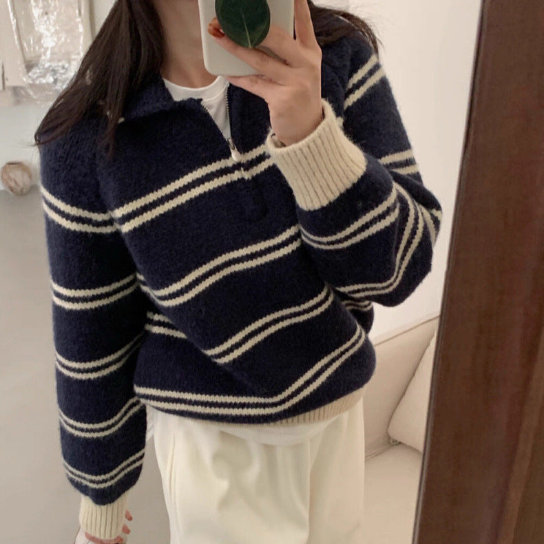 Damen Pullover Gemustert Stehkragen Kontrastdetails Eveloria