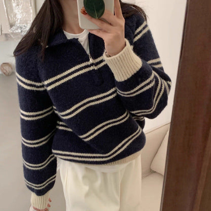 Damen Pullover Gemustert Stehkragen Kontrastdetails Eveloria