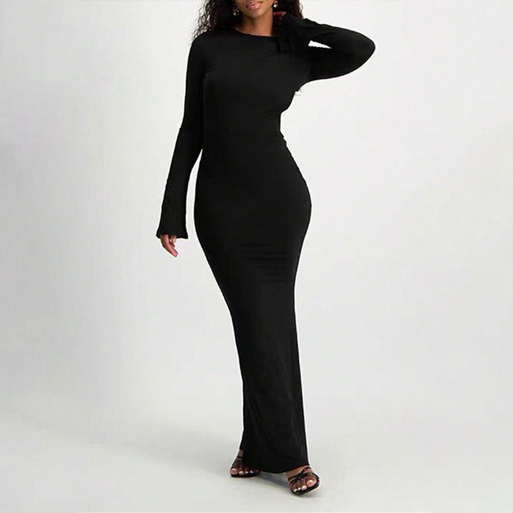 Damen Maxi-Kleid Langarm Schlüsselloch Ausschnitt Figurbetonter Stoff - Eveloria