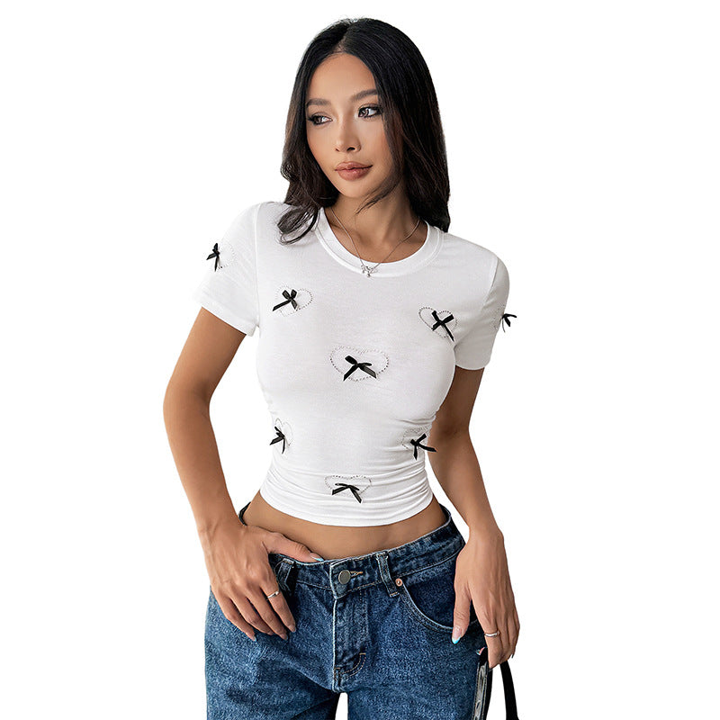 Damen Cropped T-Shirt mit Schleifenmotiv