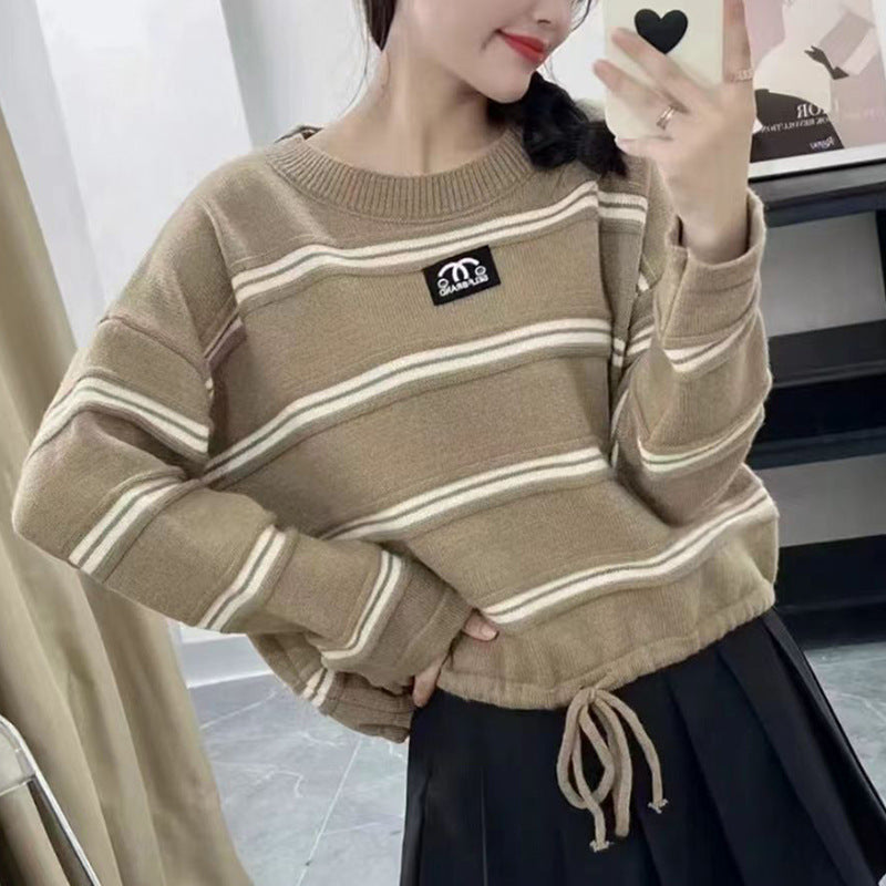 Damen Sweater Gestreift Oversized Kordelzug Beige - Eveloria