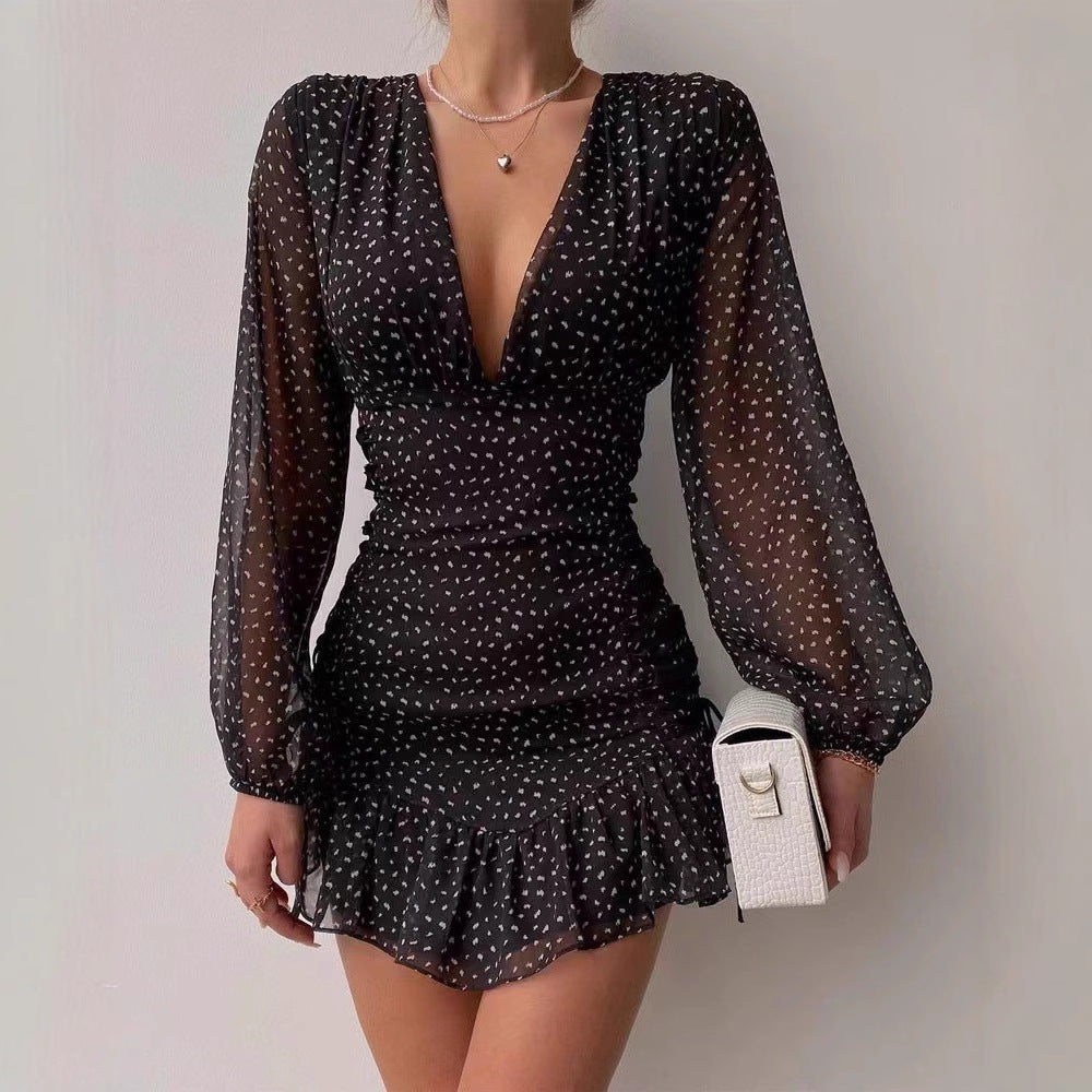 Damen Cocktailkleid V-Ausschnitt Puffärmel Eveloria