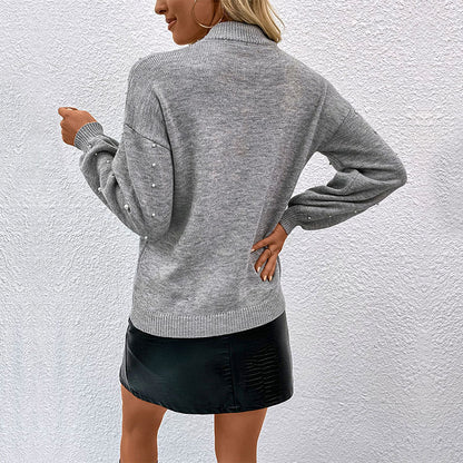 Damen Strickpullover Perl-Dekor Hochkragen Beige