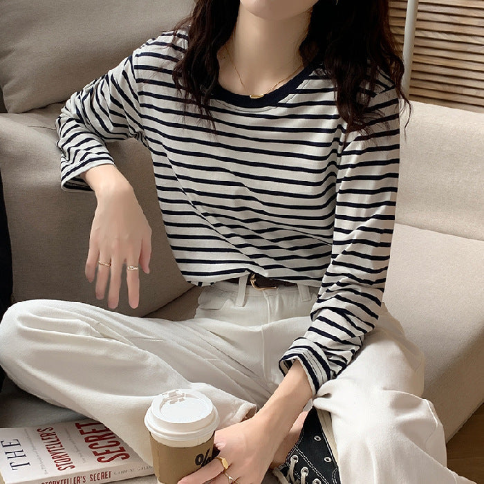 Damen Longsleeve-Shirt Maritimes Streifenmuster Lässig Weiß